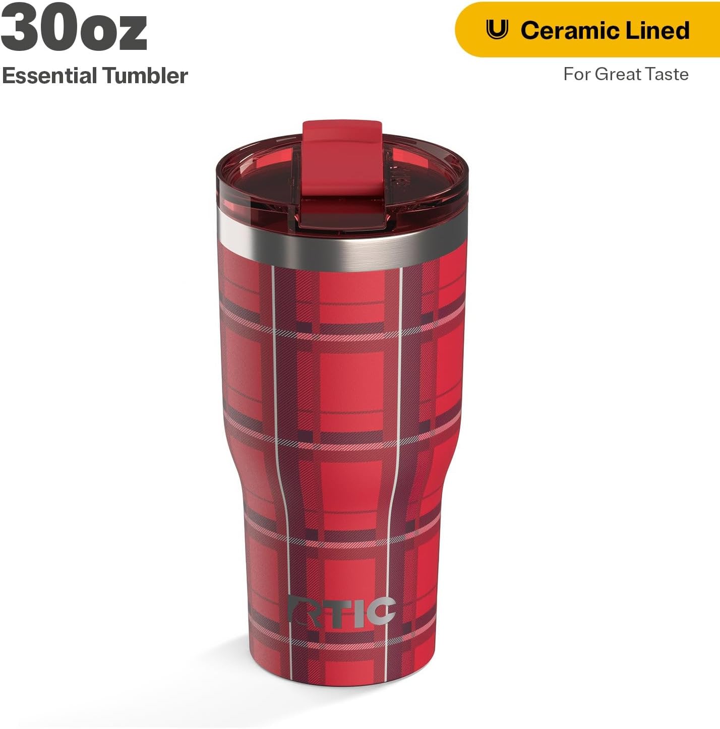 RTIC 30oz Essential Tumbler with Lid, Ceramic Lined, Insulated, Stainless Steel, Metal, Double Wall Vacuum-Insulation, Travel Cup for Iced Coffee, Tea, Hot and Cold Drink, Red Plaid