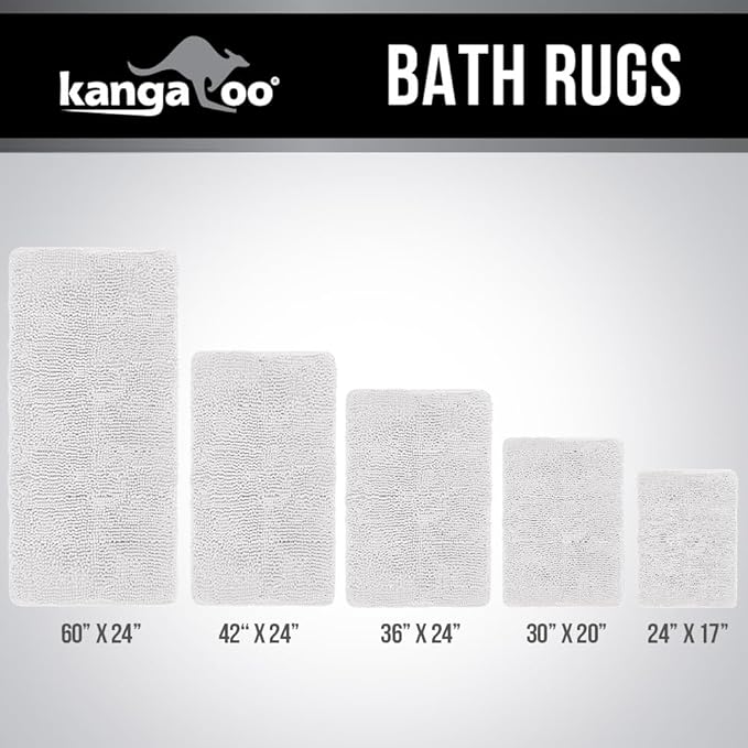 KANGAROO Bathroom Rugs, Chenille Soft Absorbent Bath Rug, Shaggy Shower Mat, Quick Dry Machine Wash Bathmat, Plush Carpet Mats for Tub, Bathtub and Room Home Decor Accessories, 30x20, White