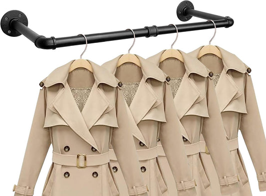 Industrial Iron Pipe Clothes Hanging Bar DIY Wall-Mounted Garment Rack Heavy Duty Clothing Rack for Bedroom, Laundry Room, Closet Storage (Black 24 inch)