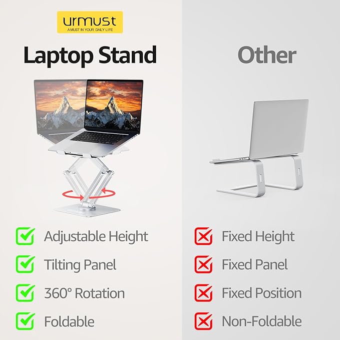 Urmust 360° Rotating Laptop Stand for Desk Adjustable Height, Ergonomic Laptop Riser Standing Desk Converter, MacBook Stand, Computer Lap top Riser Holder, Fits All Laptops 10-17"