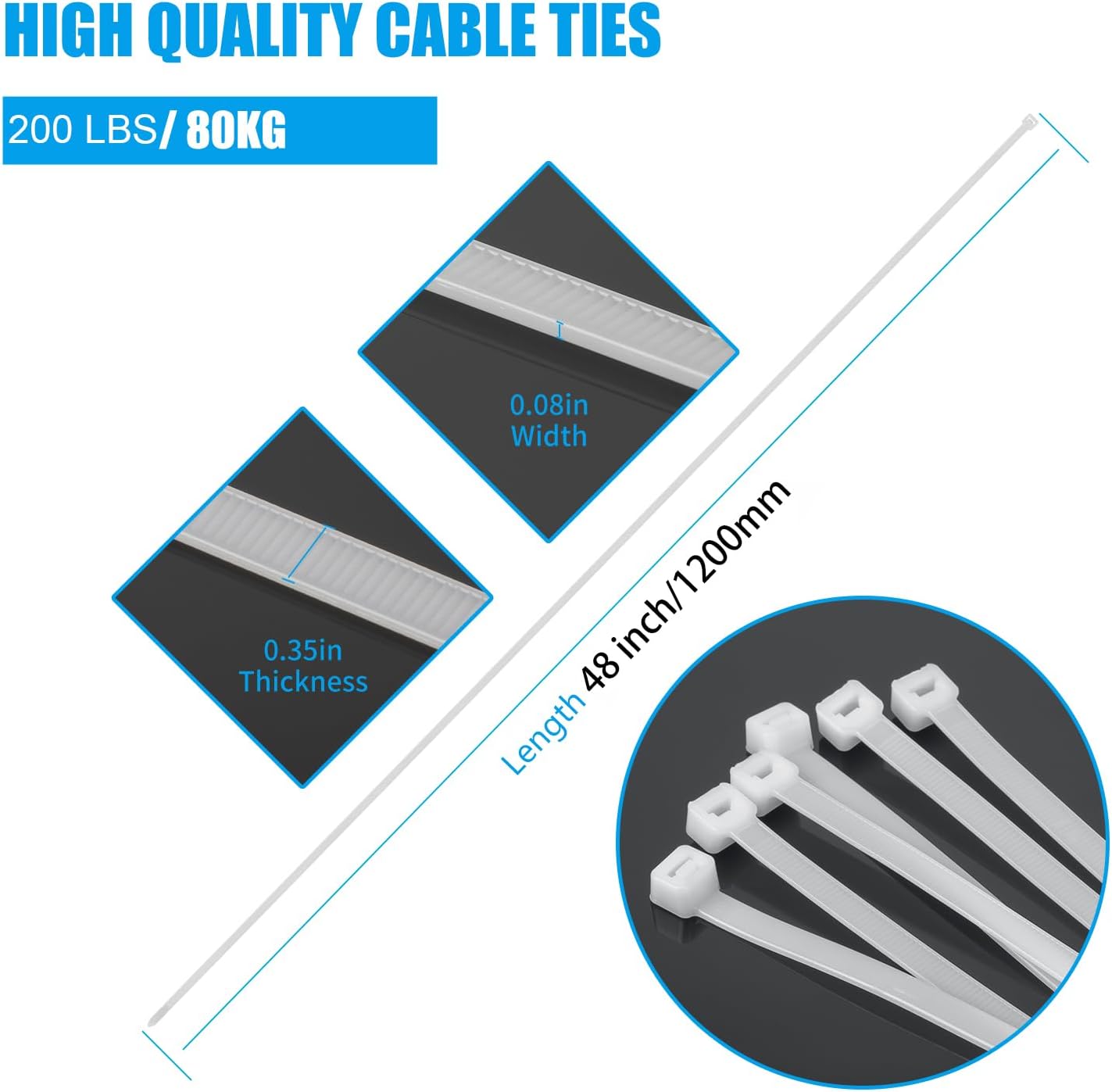White 48 inch Cable Zip Ties Heavy Duty 50Pack, 200lbs Ultra Exclusive Strong Plastic Wire Ties, Large Cable Ties Extra Long Tie Wraps, Indoor and Outdoor UV Resistant