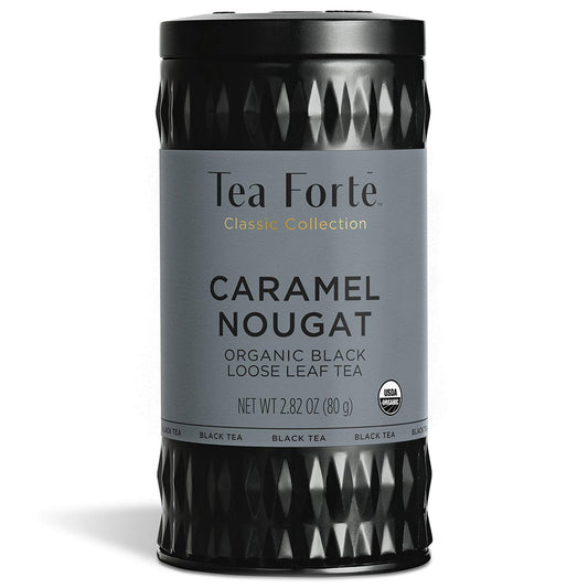 Tea Forte Caramel Nougat Premium Loose Leaf Caffeinated Black Tea Blend Canister, Makes 35-50 Cups, Round Canister