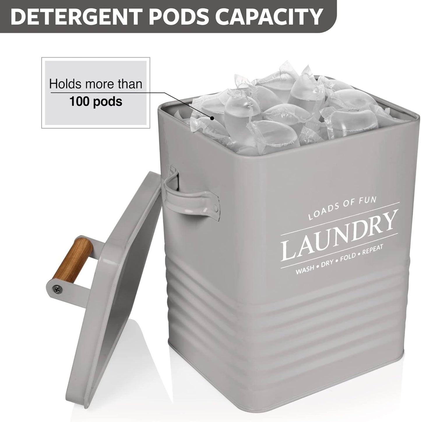 Calindiana Modern Farmhouse Metal Laundry Soap Dispenser Container Holder with Scoop for Laundry Room Decor and Space Saving Laundry Room Organization and Storage, Laundry Powder Container, Grey