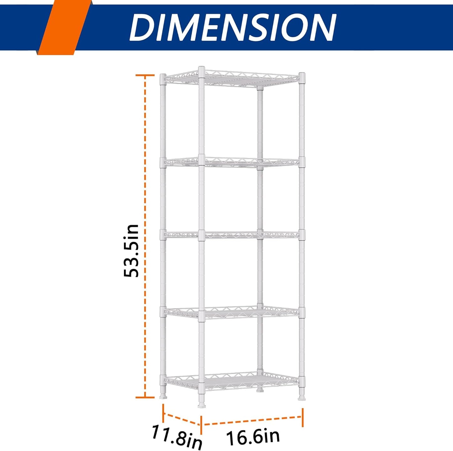 REGILLER 5-Wire Shelving Metal Storage Rack Adjustable Shelves,Standing Storage Shelf Units for Laundry Bathroom Kitchen Pantry Closet(White,11.8" D x 16.6" W x 53.5" H)