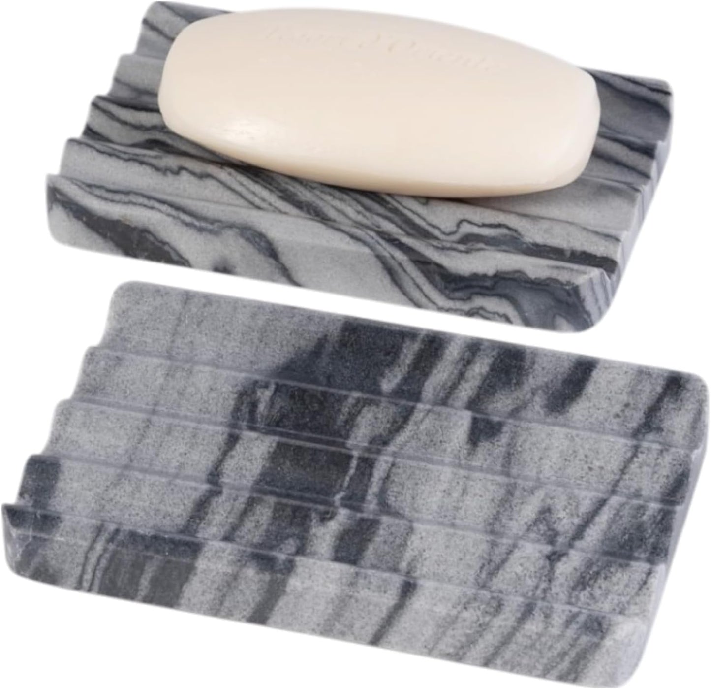 2 Pcs Soap Holder for Bathroom, Marble Soap Dish for Kitchen Countertop, Tray with Creative Wavy Design, Soap Saver for Bath Tub, Sponges, Italian Natural Stone(Monte Grigio)