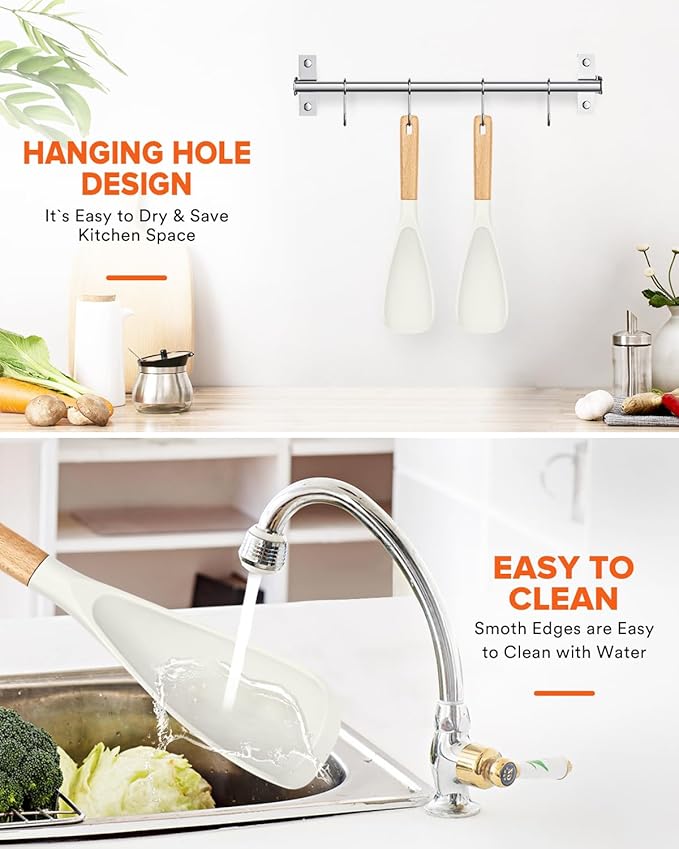 Cooking Spoon for Nonstick Cookwares, Great for Cooking and Serving Sturdy BPA-Free Matte Silicone, Wood Handle Spoon for Mixing, Scoop, and Scrape (2 Pack of White, 11.4 inch)