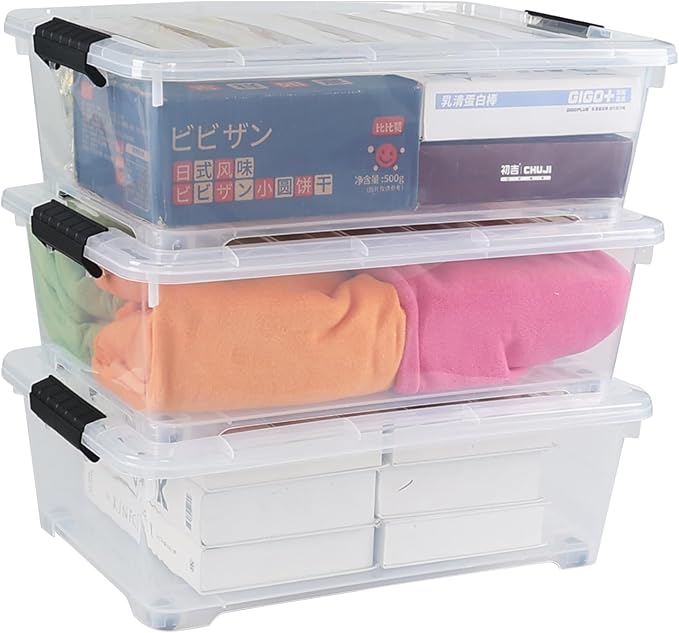 Hespama 3 Pack Plastic Storage Boxes with Lids, 20 Quart Rolling Plastic Bins for Under the Bed