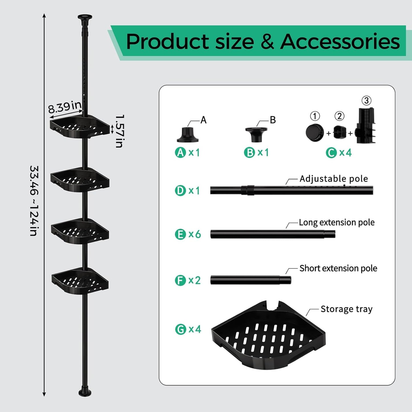4-Tier Corner Shower Caddy Tension Pole Organizer - Adjustable Rustproof Metal Tension Pole, Plastic Shelves with Safety Guardrail, Bathroom Storage for Shower & Bathtub(Black)