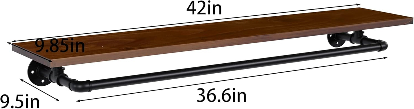 Clothes Rack 42in, Wall Mounted Garment Rack with Real Walnut Wood Shelf, Heavy Duty Hanging Clothes Rack, Multi-Purpose Hanging Rod, Space-Saving Closet Storage