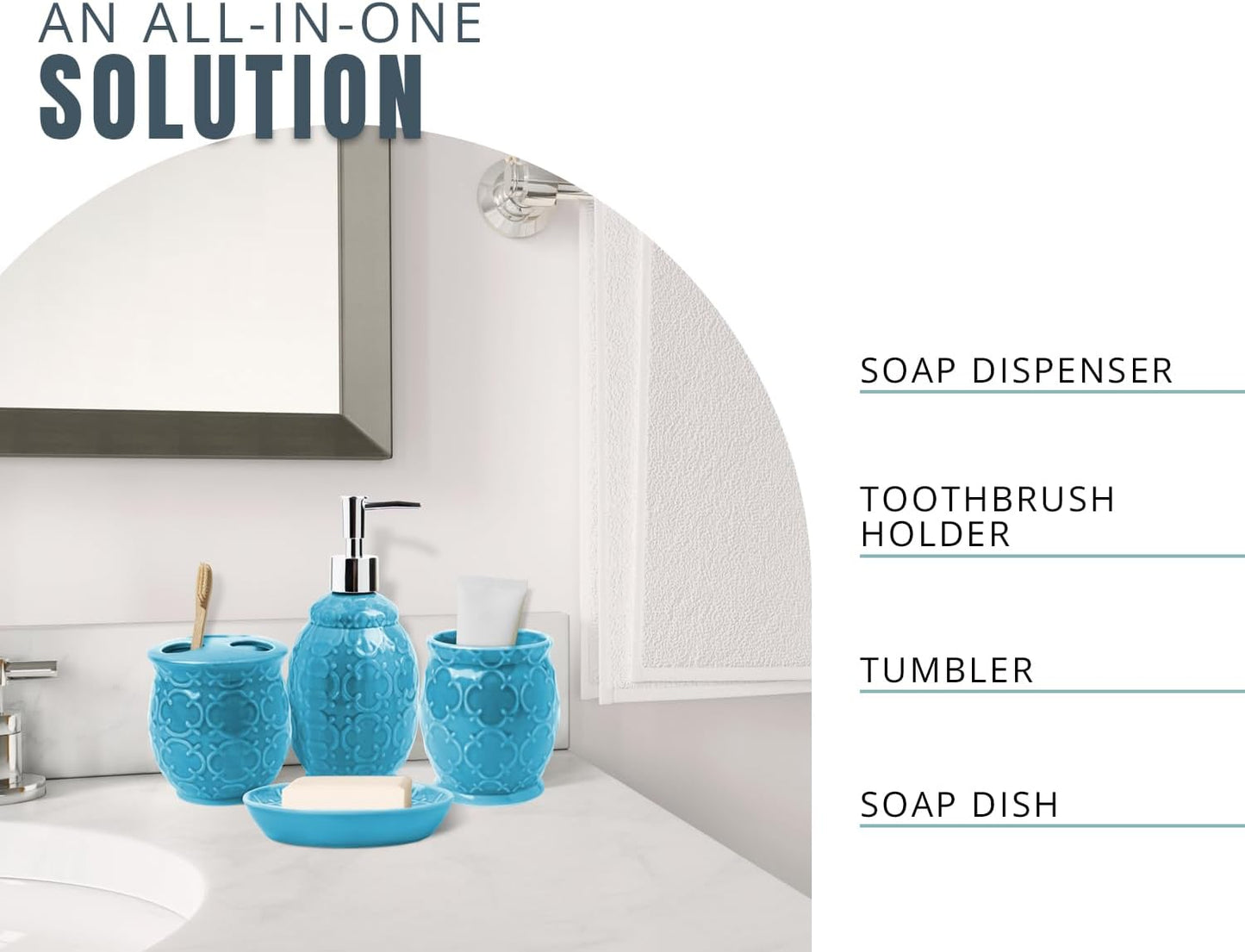 Comfify 4-Piece Bathroom Accessory Set - Ceramic Bath Set with Blue Glossy Finish - Modern Vanity Accessories Including Soap Dish, Tumbler, and Toothbrush Holder