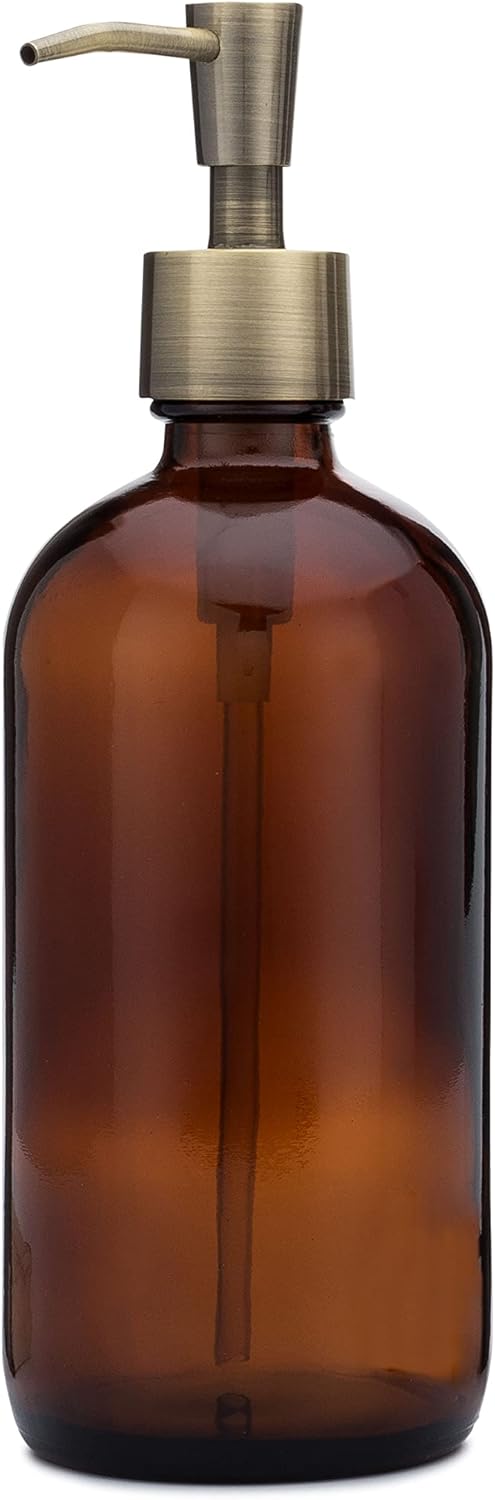 Rail19 Market Amber Glass Soap Dispenser with Metal Pump - Liquid Hand Soap & Lotion for Kitchen and Bathroom, 16oz (Antique Brass)
