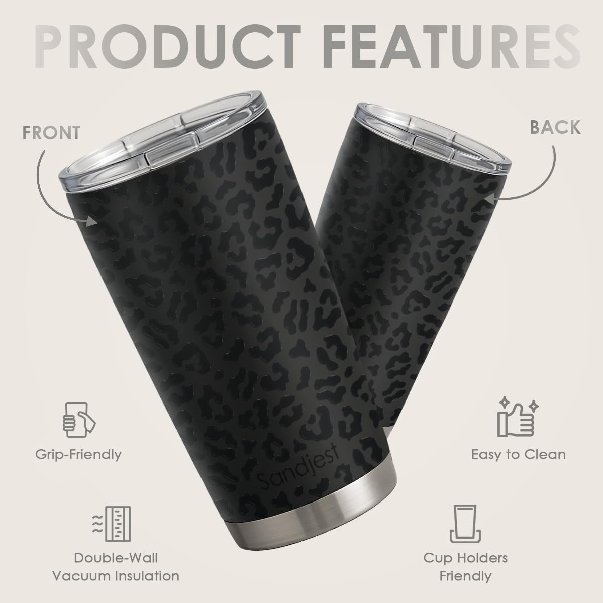 SANDJEST Leopard Print Tumbler 20oz Stainless Steel Insulated, Black Leopard Travel Coffee Cup, Bow Gifts for Women Girls Teen, Birthday Christmas