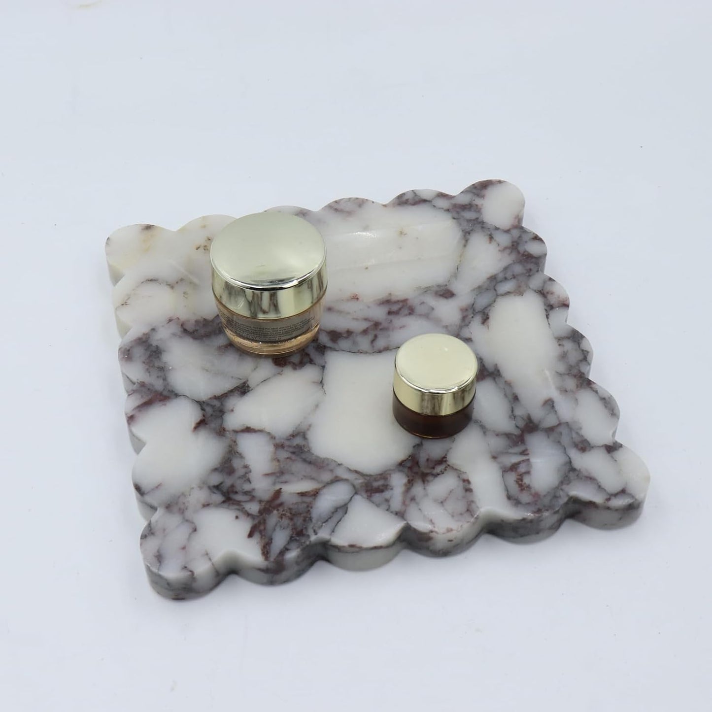 Square Marble Decorative Tray with Scalloped Edge, Luxury Natural Stone Bathroom Vanity Tray, Dresser Top Perfume Coffee Home Kitchen Sink Tray, Key Trinket Ring