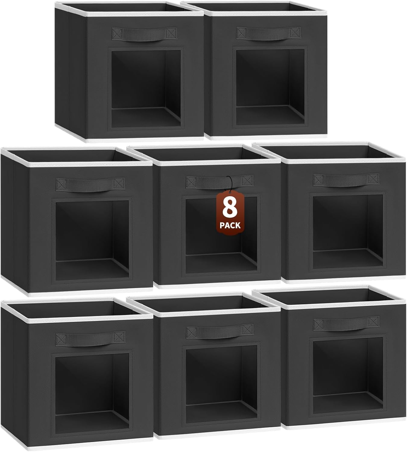Foldable Storage Cubes - Cubby Storage Organizer with Window, Decorative Baskets for Organizing, Fabric Bins for Clothes Storage, Closet Storage Cubes-11inch, 8 Pack, Black