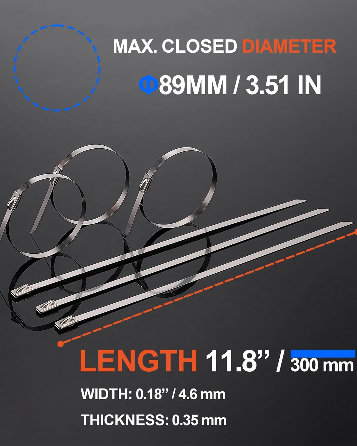 Metal Zip Ties (200 pcs / 11.8 Inch), 304 Stainless Steel, Heavy Duty Self-locking Cable Ties, for Exhaust Wrap, Chain Link Fence Parts, Heat Resistant Fencing Tie. for Pipe, Auto repair. (200)