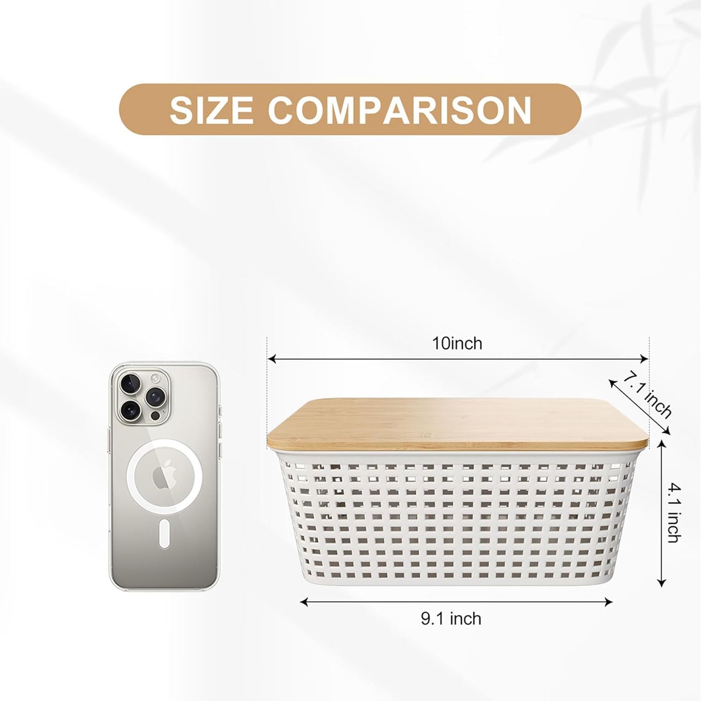 Small Plastic Storage Bins with Bamboo Lid - Plastic Storage Container with Lid - Stackable storage baskets for organizing: Storage box for Drawers Office Closet Shelf Organizing,10x7x4 In-White-6 Pcs