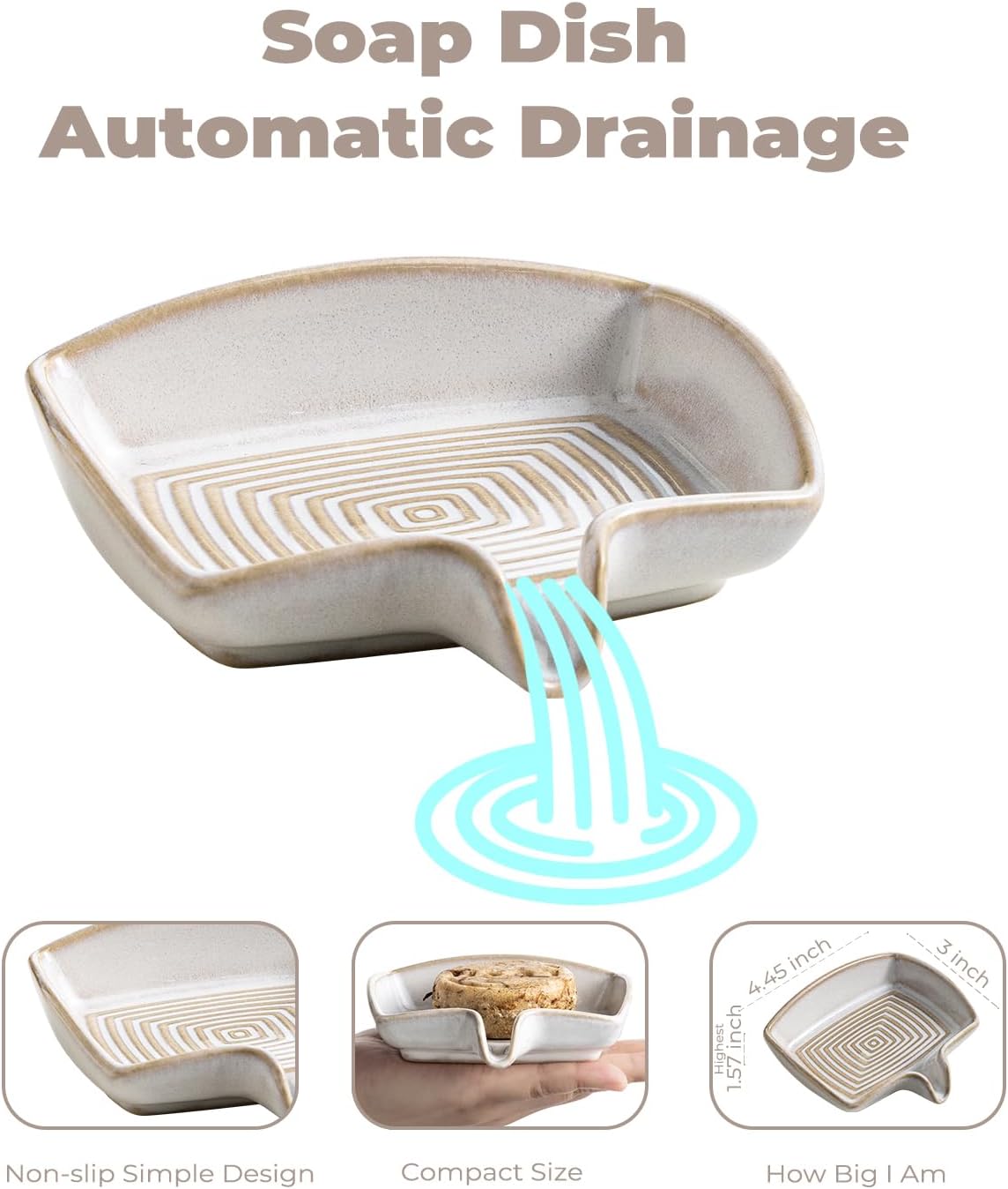 Soap Dishes, Ceramic Shower Soap Dish with Waterfall Design Bar Soap Holder Self Draining Soap Saver for Shower, Bathroom, Sink, Kitchen and Countertop, Beige White