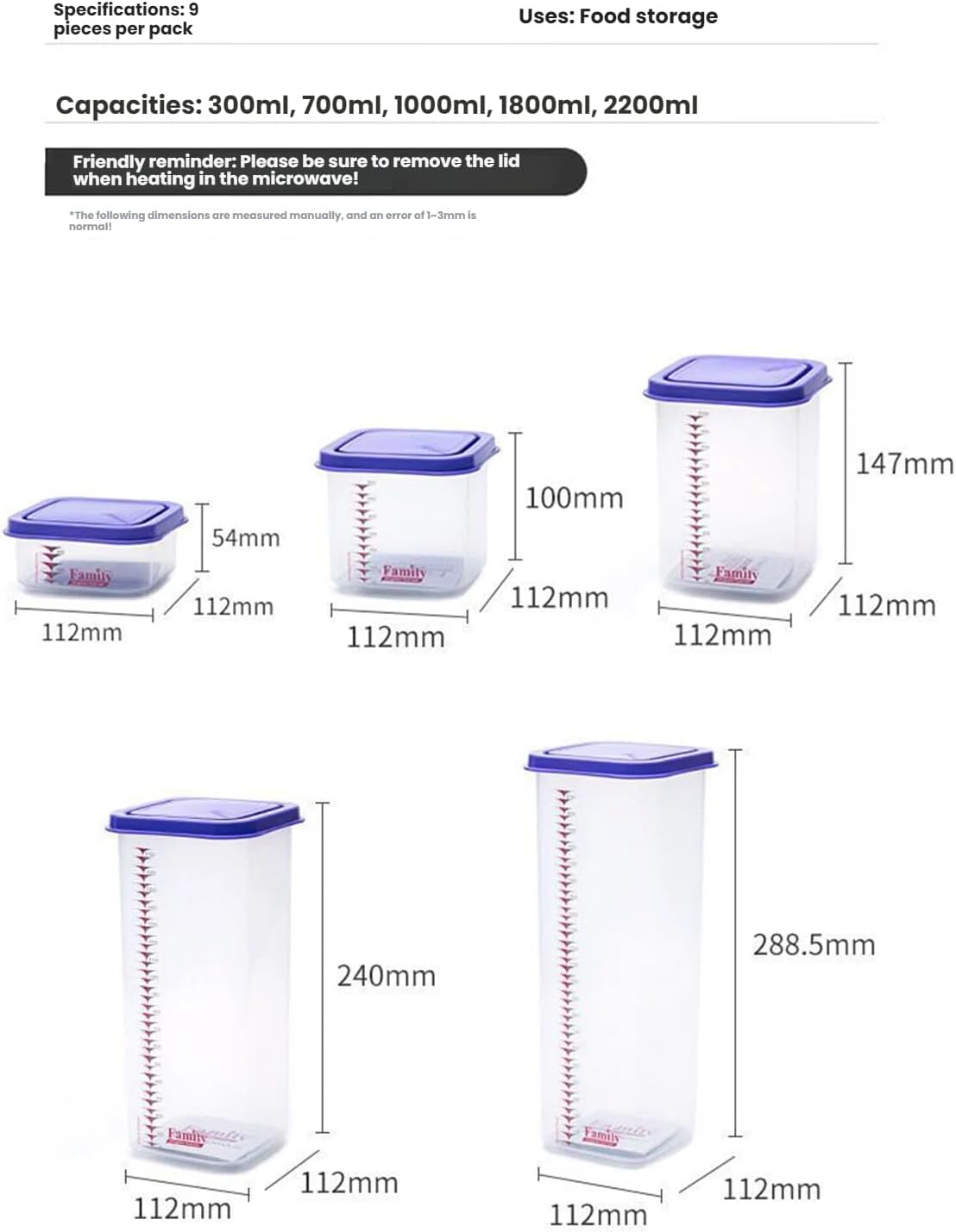 Airtight Food Storage Container With Lids 9PCS Family Set, BPA-Free Food-grade Plastic Stackable Leak-proof Kitchen Pantry Organizers for Pasta, Nuts, Dry Goods, Snack,Modular Design (Purple)