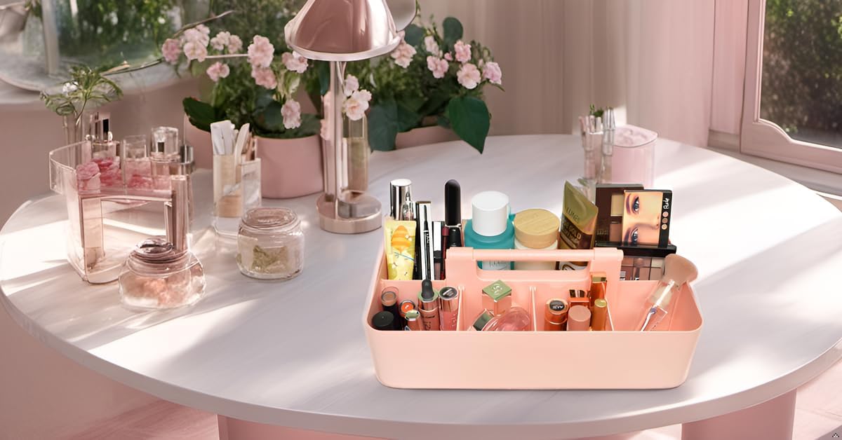 New Plastic Portable Makeup Organizer Caddy Tote Divided Basket Bin with Handle, for Bathroom Storage Made In USA (Indie Pink)