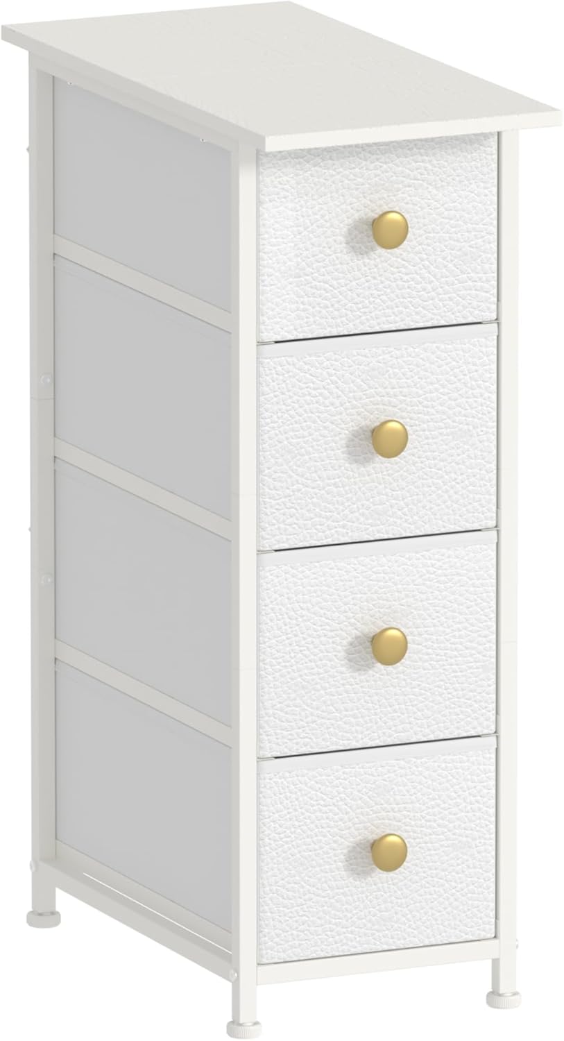 GiftGo Narrow Dresser Cabinet Vertical Slim Dresser Chest of Drawers Skinny Storage Tower for Small Spaces Gaps Closet Bedroom Bathroom Small Fabric Drawer Unit (White, 4 Drawers)