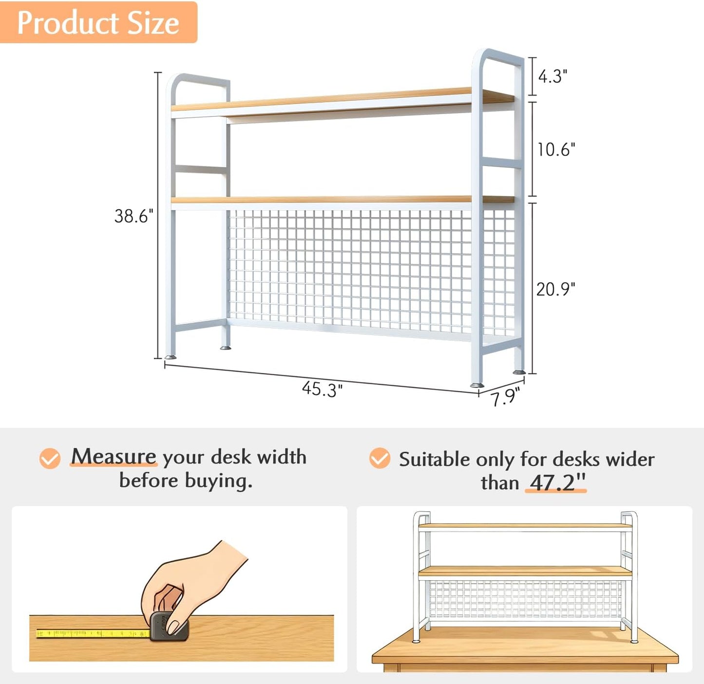 IOTXY 2-Tier Desktop Hutch Bookshelf - Metal Desk Shelf Bookcase with Grid Panel, Countertop Storage Organizer Rack for Dorm or Office, White, 45.3" W