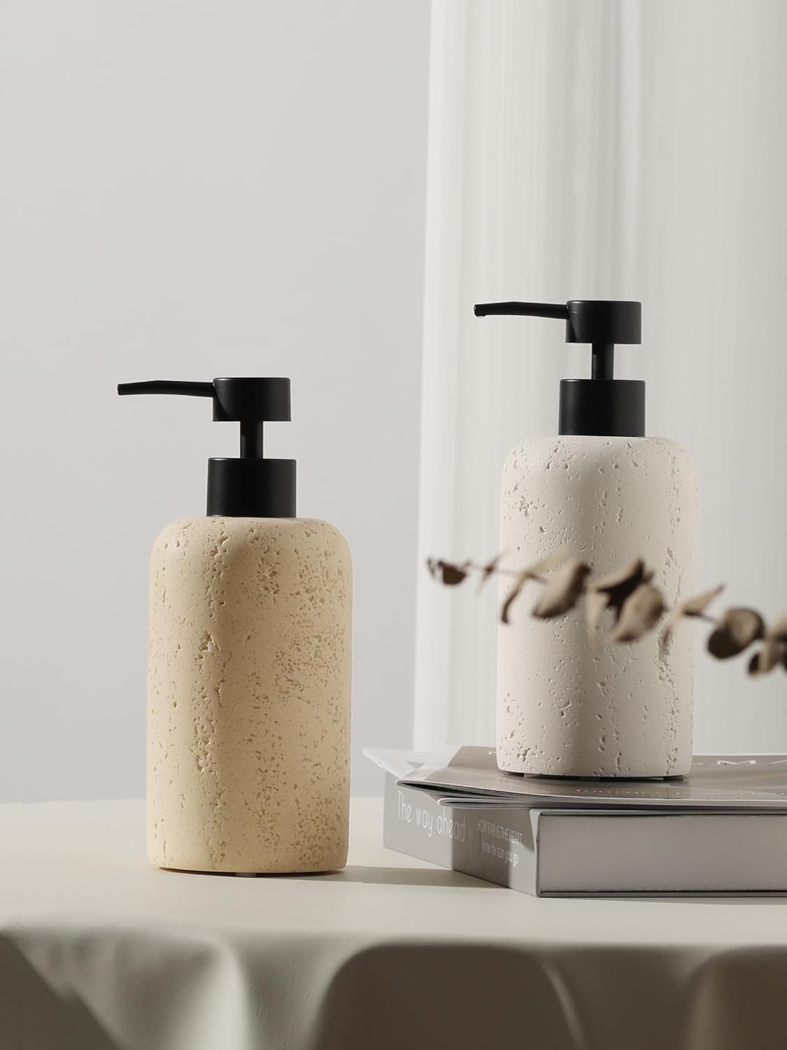 Soap Dispensers 340ML 11OZ, 2PCS Luxurious Hand Dish Shampoo Lotion Soap Dispenser Jar, Travertine Soap Pump Bottles for Kitchen Bathroom Countertop (Faint Yellow)