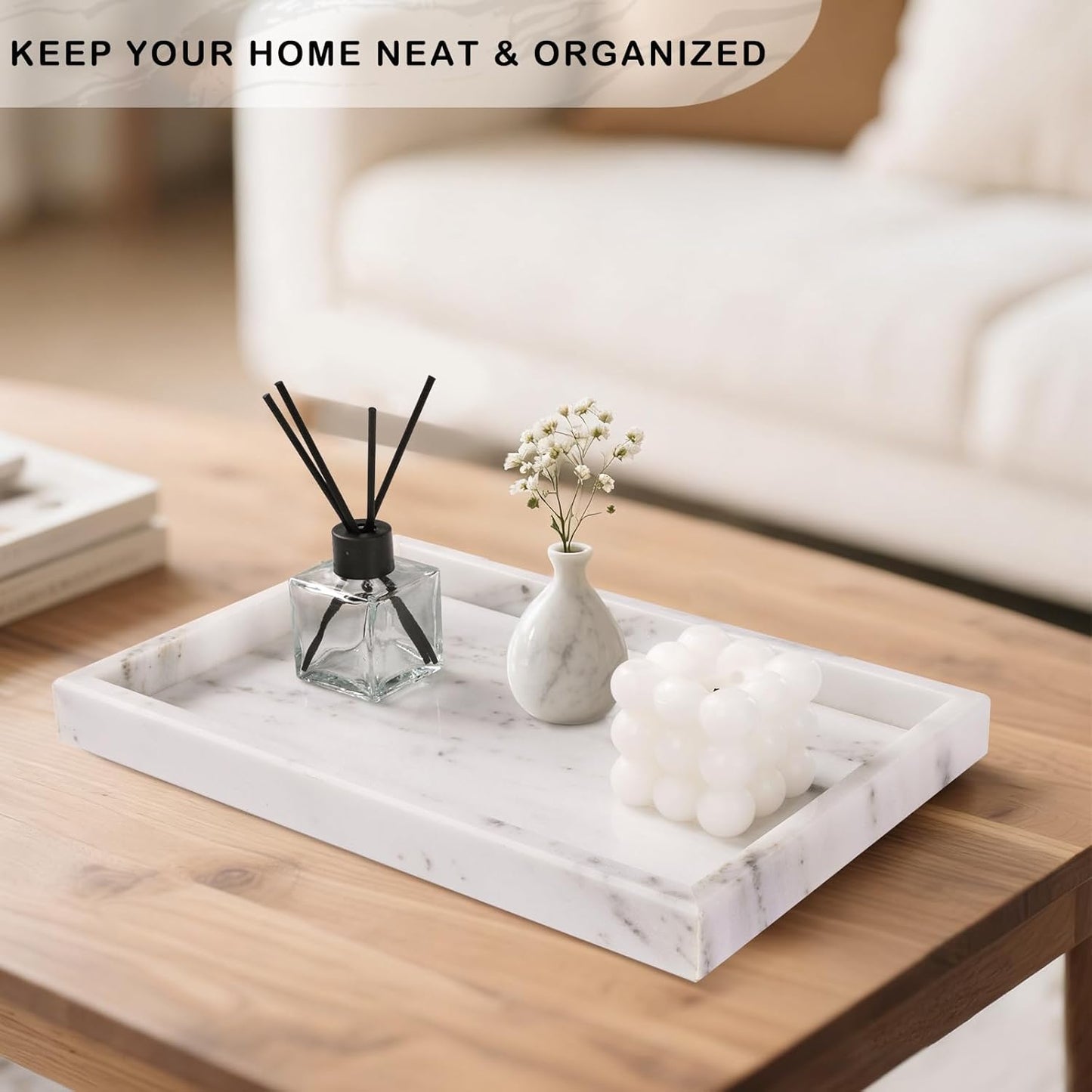 Marble Bathroom Tray for Countertop & Home Decor, Natural Decorative Marble Tray for Jewelry & Perfume Organizer, Luxury Stone Vanity Trays for Dresser, Kitchen Counter, 12" x 8", Starry White