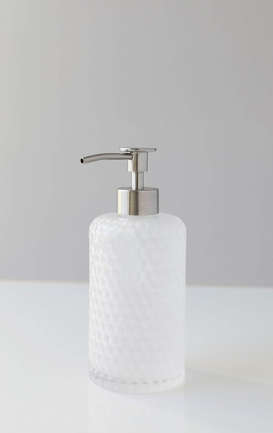 Rail19 Frosted Milk + Honey Glass Soap Dispenser | Vintage-Inspired Modern Refillable Soap & Lotion Pump Bottle for Bathroom Vanity Countertop and Kitchen, 12oz (Luxe Stainless)