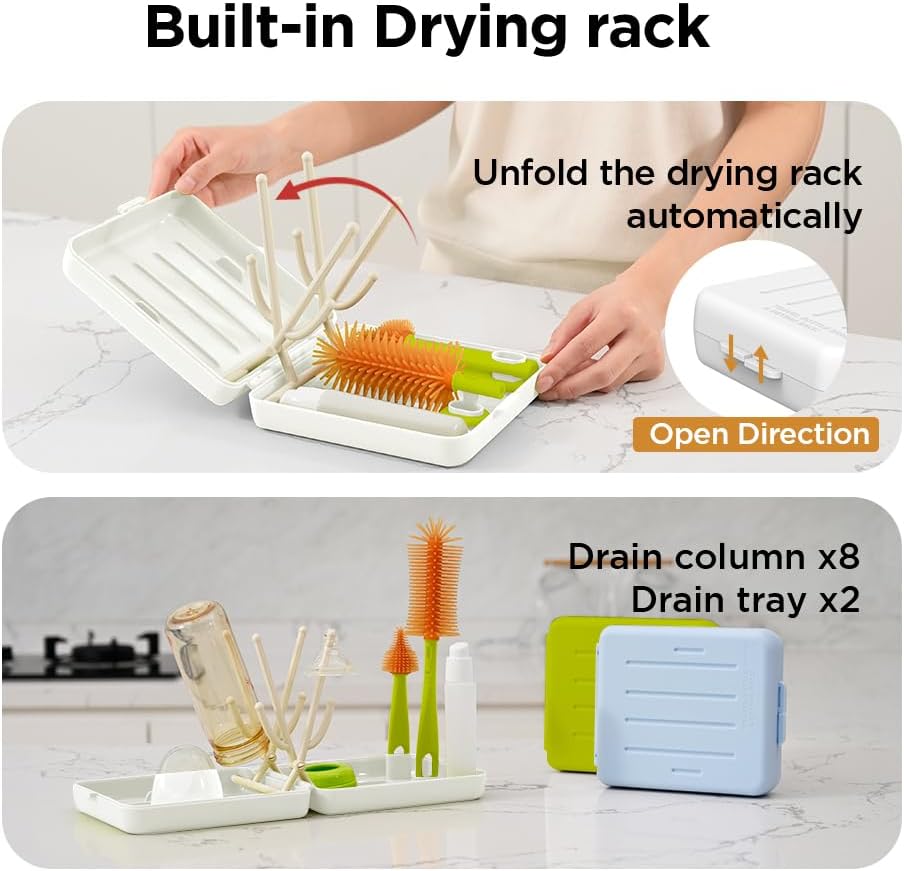 Travel Bottle Brush with Portable Bottle Drying Rack, Baby Bottle Brush for Baby Travel Essential, White