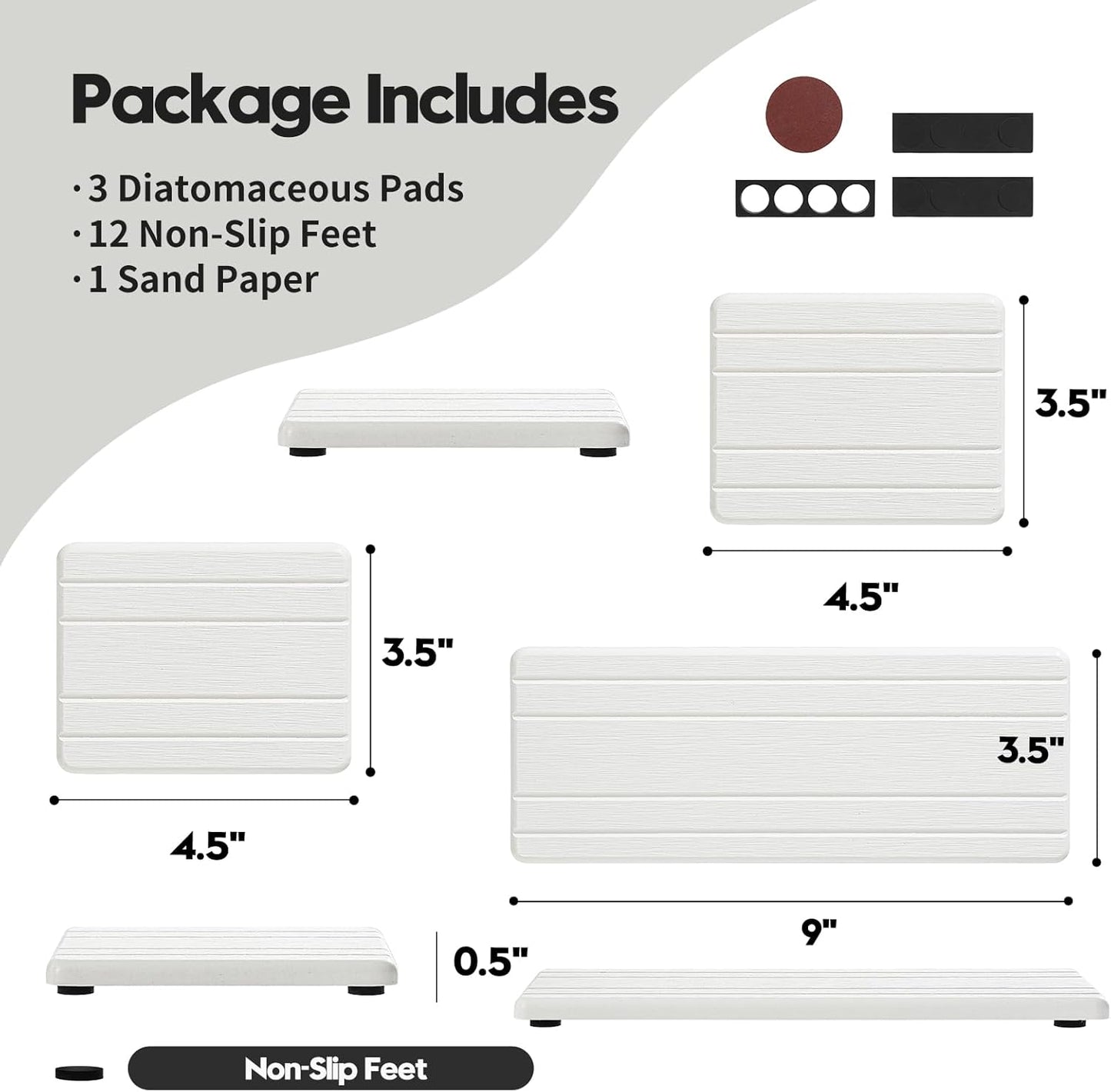 3 Pack Stone Dryin Tray, Water Absorbing Diatomite Stone Sink Mat for Kitchen & Bathroom Counter, Soap Dish Vanity Caddy,Sponge Holder Organizer, White - 2pcs of 4.5"x 3.5" and 1pc of 9"x 3.5"