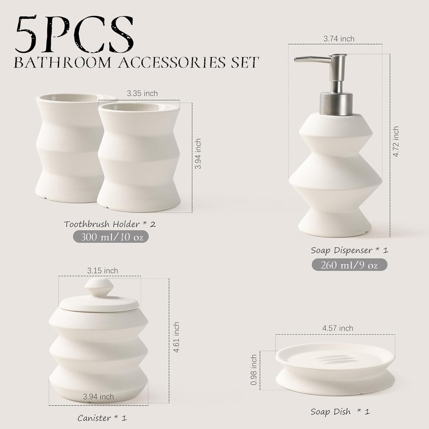Bathroom Accessory Set 5PCS, Beige Ceramic Bathroom Accessories Set, Unique Design Small Bathroom Accessories Sets Complete, Home Apartment Minimalist Bathroom Decor Vanity Countertop, ANTIS'S HOME