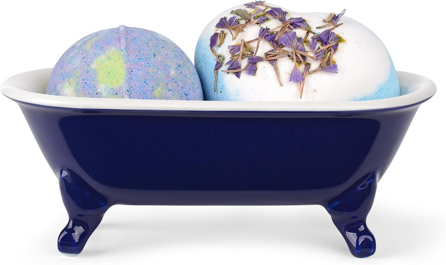 6.5" Ceramic Mini Decorative Clawfoot Bathtub Bar Soap Dish, Kitchen Sponge Holder and Shower Tray for Bathroom, 1 Pack(Navy Blue)