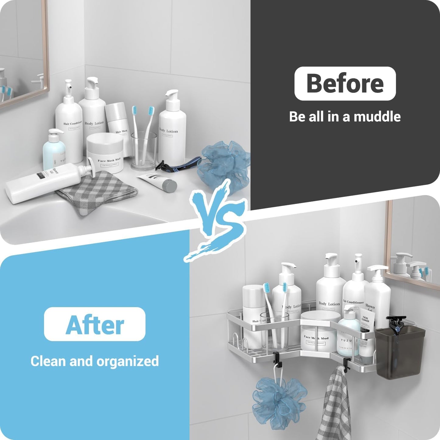 Corner Shower Caddy Shelf Rack: 2 Pack Adhesive Shower Organizer Essentials - No Drilling Stainless Steel Shower Storage Rack with Hooks and Toothpaste Holder - Bathroom Accessories