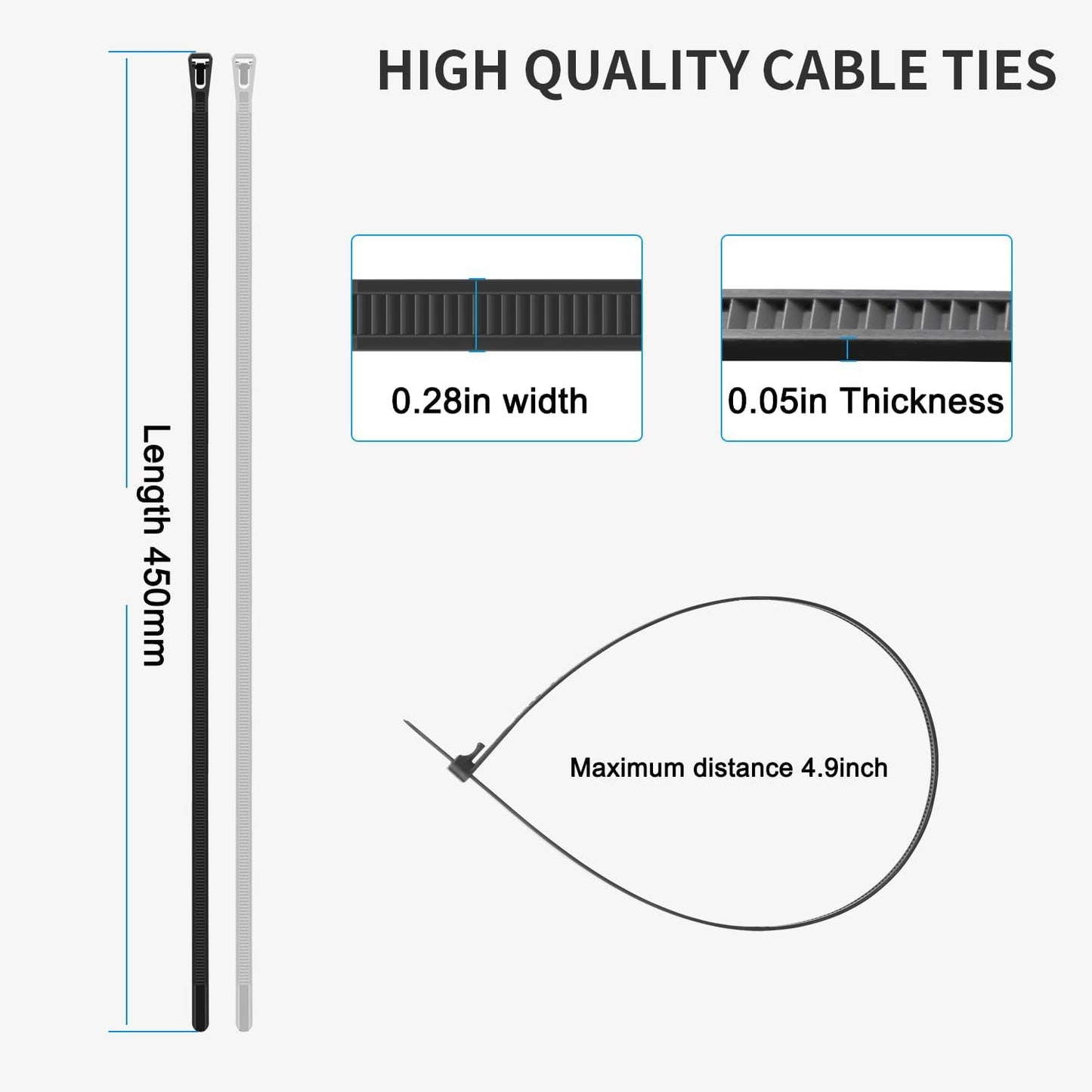 18 Inch Recoverable Reusable Zip Ties, 100PCS white Zip Ties, Outdoor 120 lb. Cable Ties, Releasable Plastic Ties, Removable Wire Ties for Wire Management Outdoor Patio