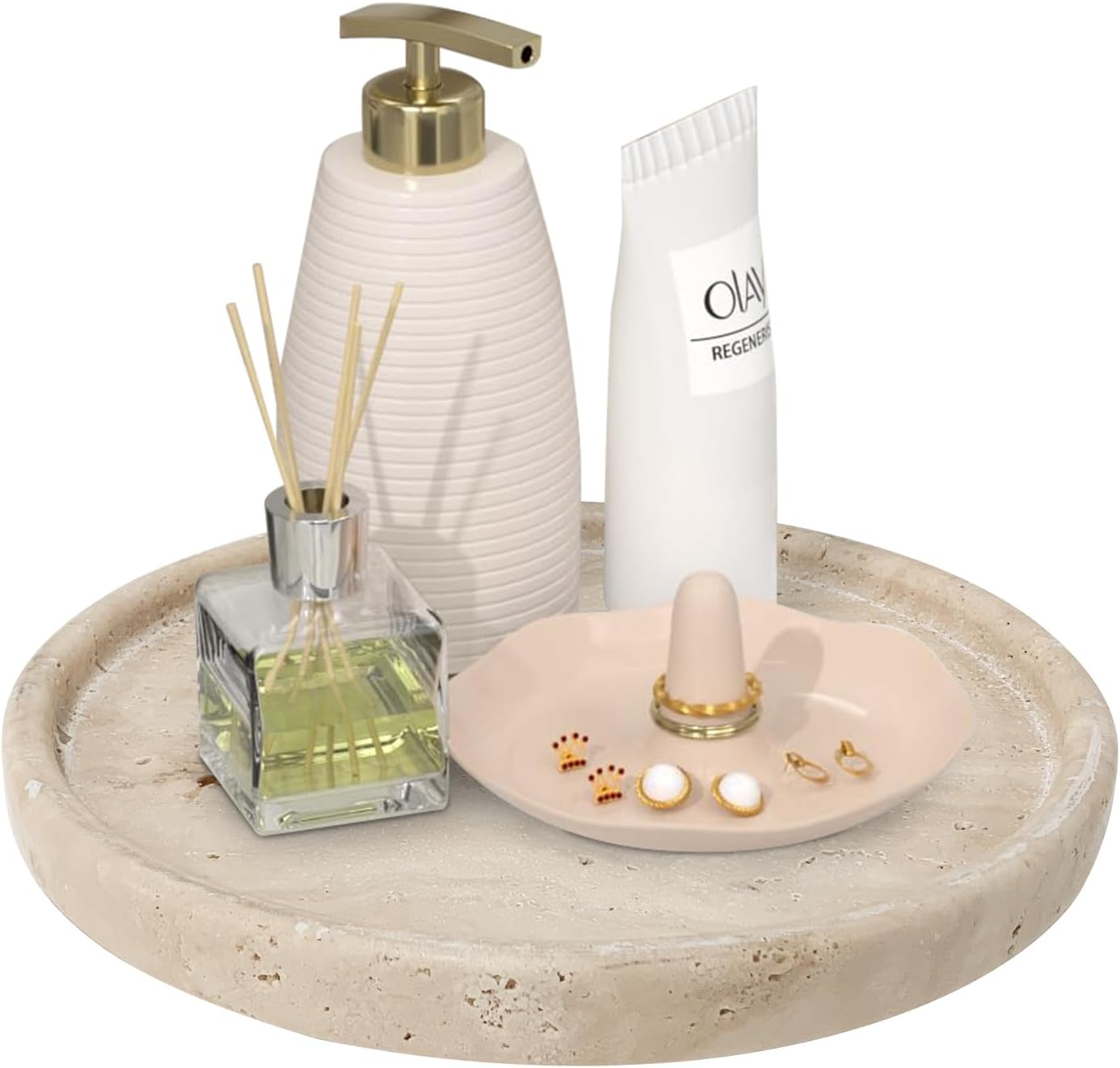 Travertine Tray, Small Ceramic Vanity Tray for Bathroom Counter Decor, Round Marble Decorative Trays for Coffee Table (Beige, Medium Size)