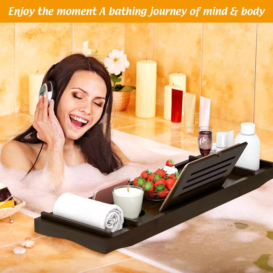 Bamboo Bathtub Tray for Luxury Bathroom, Expandable Premium Bath Tray w/Soap Towel Book Holder, Adjustable Bath Accessories for Tub,Extendable Tub Tray w/Wine Glass Cup Organizer 29.5-43.3" Espresso