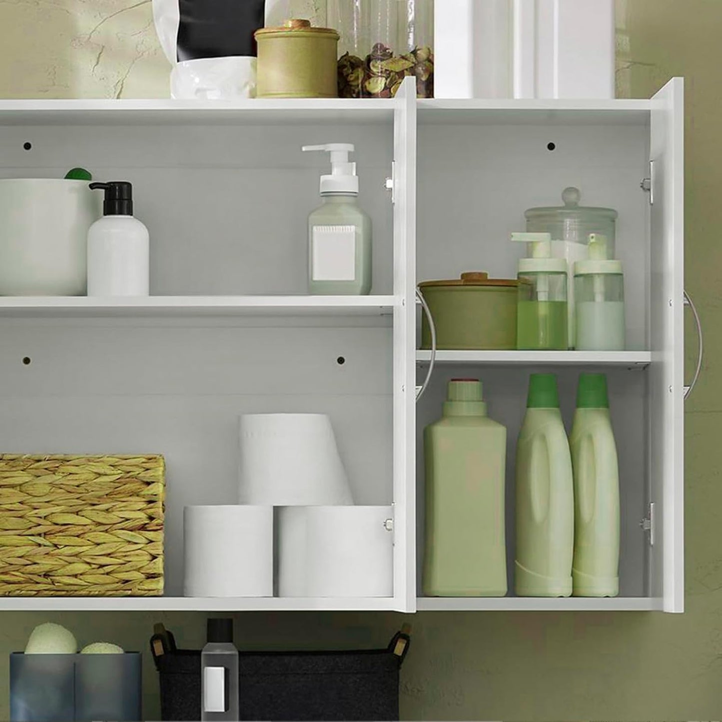 3-Doors Bathroom and Laundry Room Wall Cabinet with Adjustable Shelves, Wall Mounted MDF Storage Organizer Over Toilet or Washer, White, HUS-FRG231-L