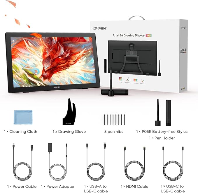 XPPen Artist24 FHD Drawing Tablet with Screen - 23.8" Drawing Monitor Full-Laminated Pen Display with 8192 Pressure Levels and Battery-Free Pen, Adjustable Stand for Digital Drawing and Animation