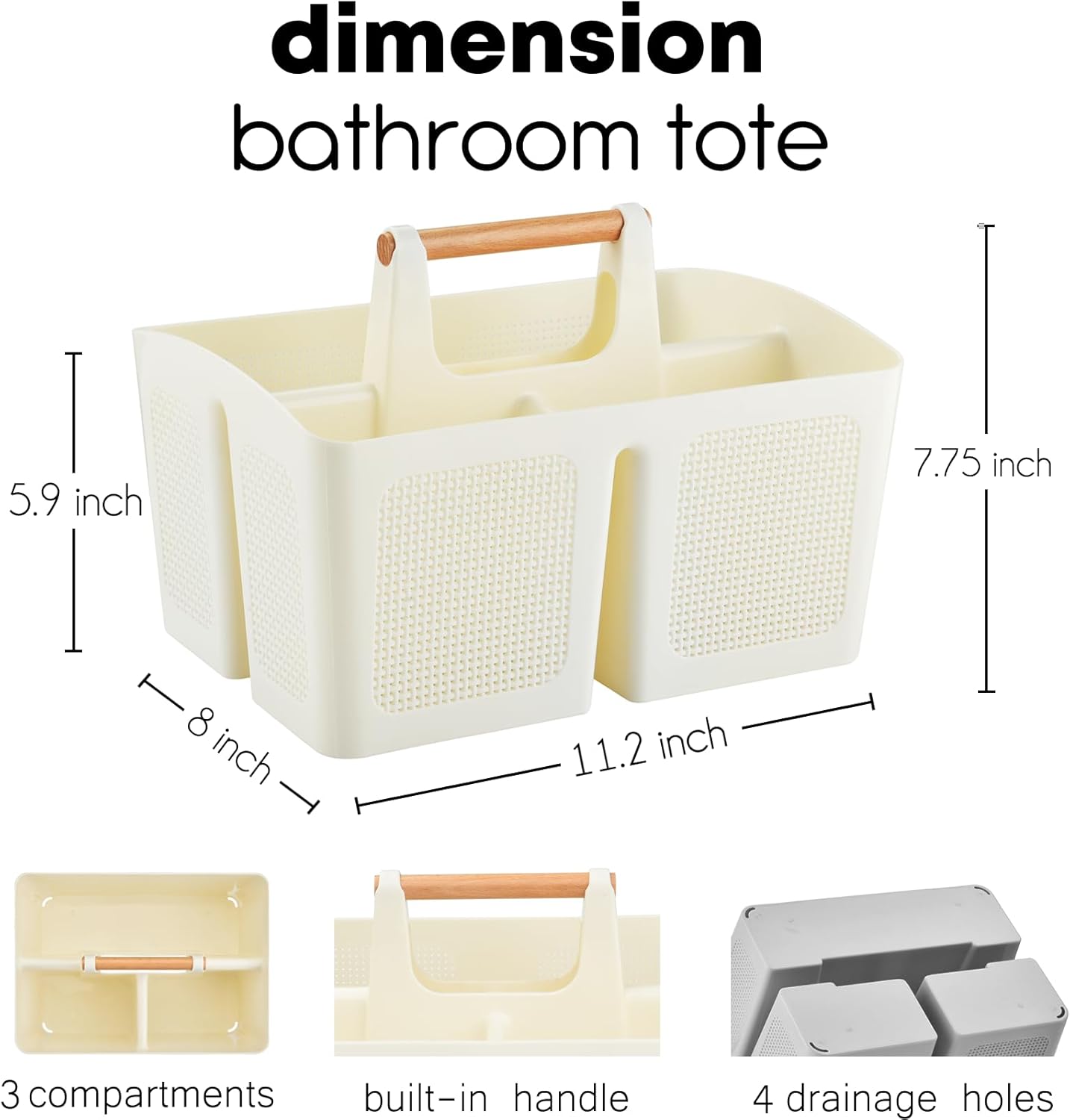 ALINK Portable Shower Caddy Basket with Compartments, Plastic Divided Cleaning Caddy Organizer Storage Tote with Handle for Bathroom, College, Dorm Room Essentials - Beige