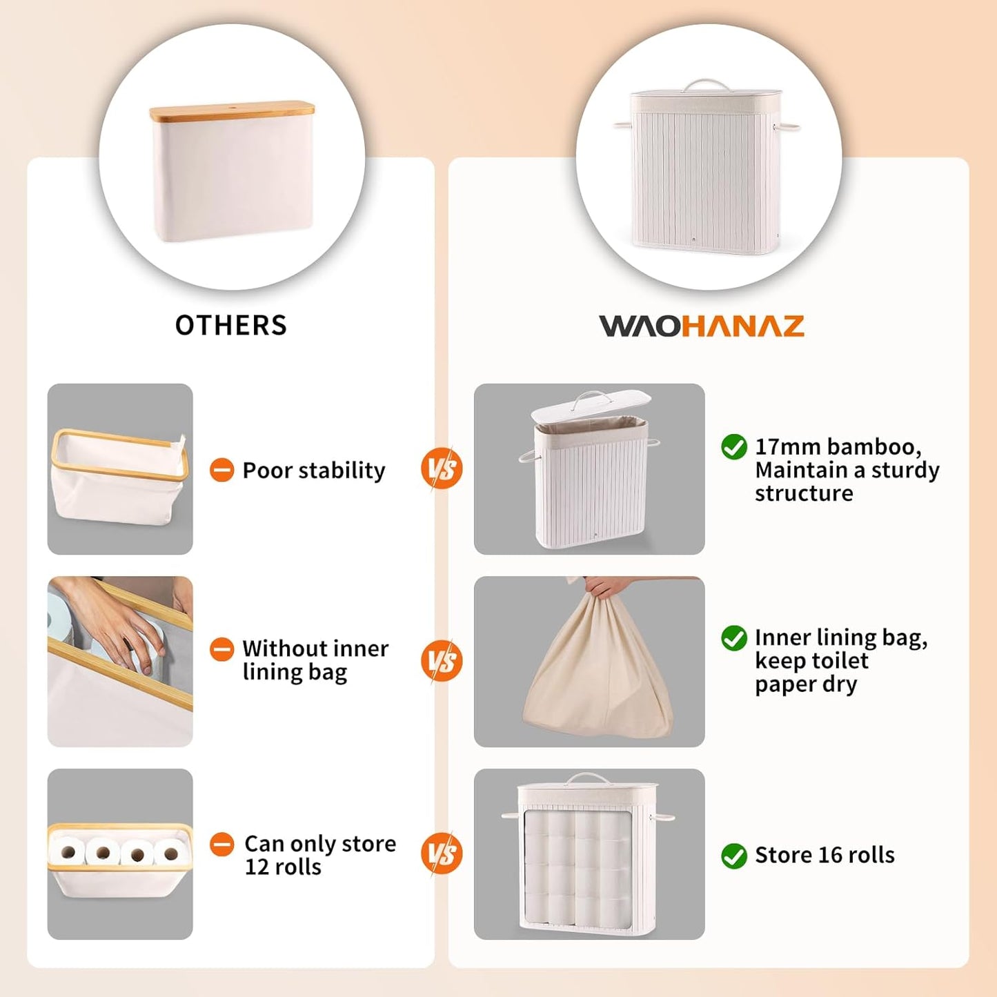 Bamboo Toilet Paper Storage with Lid & Handel, 8 Gallons (30L), Sturdy Toilet Paper Basket, Organizer for Bathroom, Kitchen, Holder with Storage, White