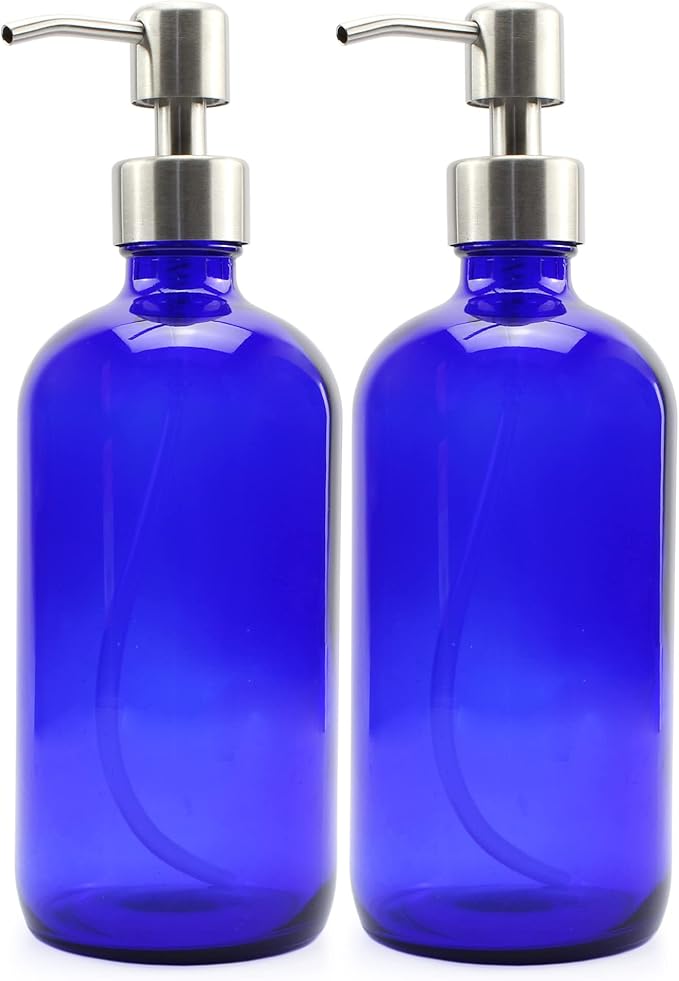 Cornucopia Brands 16-Ounce Cobalt Blue Glass Bottles w/Stainless Steel Pumps (2-Pack), Soap Dispenser w/Lotion Pumps for Essential Oils, Lotions, Liquid Soap