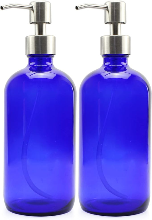 Cornucopia Brands 16-Ounce Cobalt Blue Glass Bottles w/Stainless Steel Pumps (2-Pack), Soap Dispenser w/Lotion Pumps for Essential Oils, Lotions, Liquid Soap