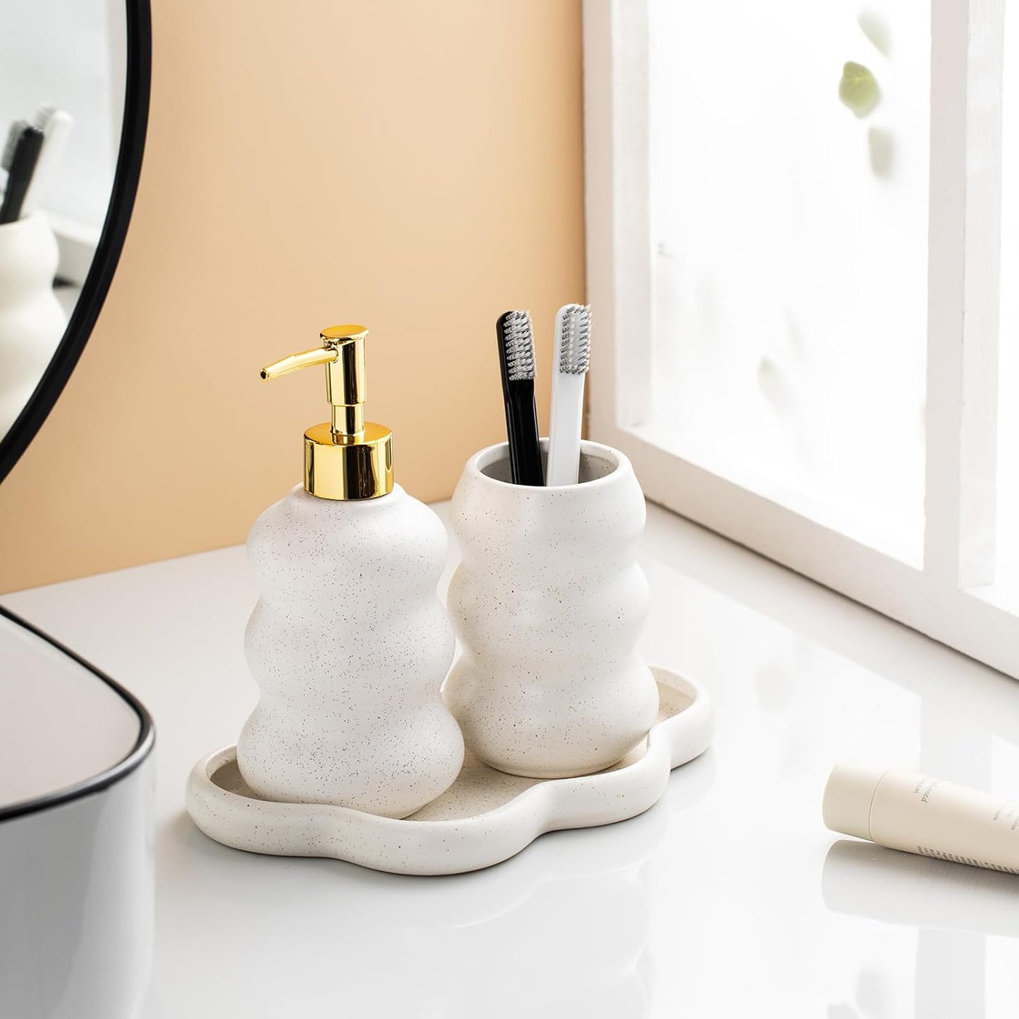 3-Piece Ceramic Bathroom Accessories Set with Sand Point Glaze Design - Tray, Lotion Dispenser, and Tumbler - Bring Nature to Your Bath