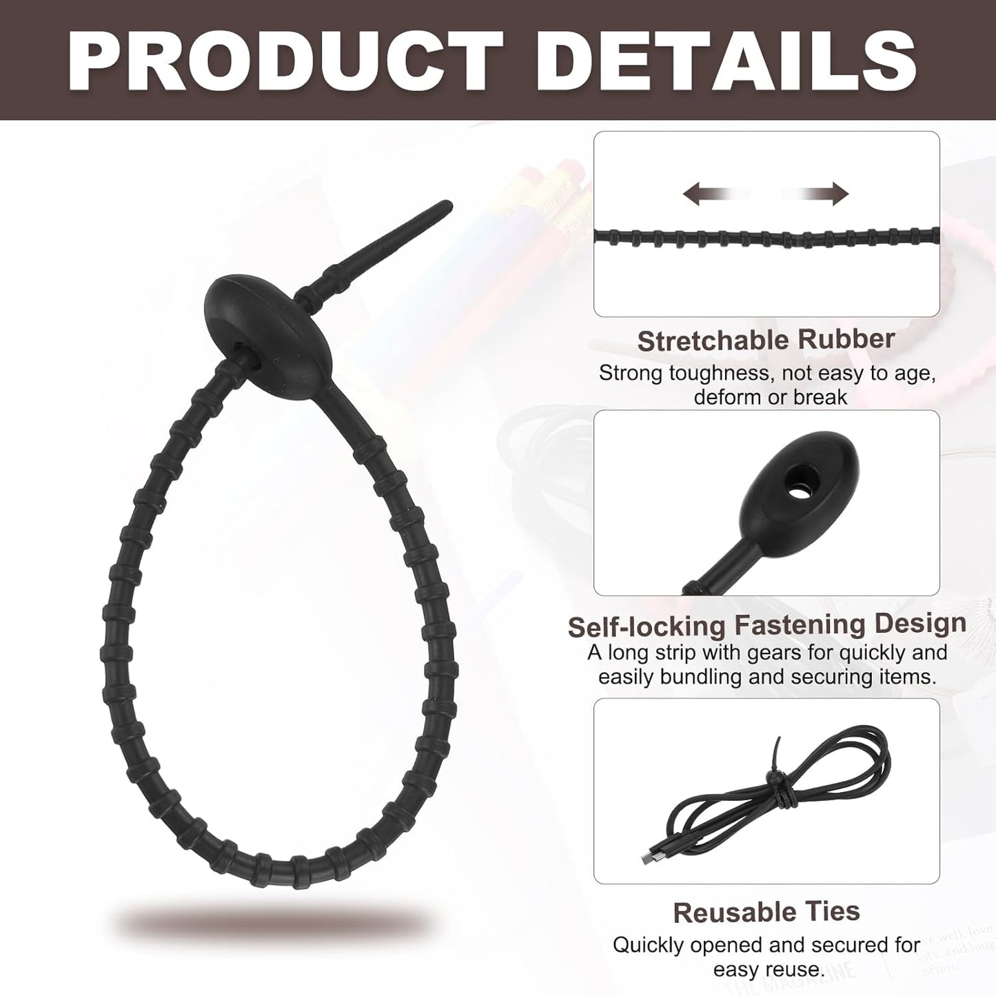 uxcell 20 Pcs Silicone Ties Bag Clip, 8.5 Inch Multi Purpose Silicone Zip Ties Reusable Rubber Zip Tie, Cable Strap Cord Organizer for Home Office Food Bag Wires Cables, Black