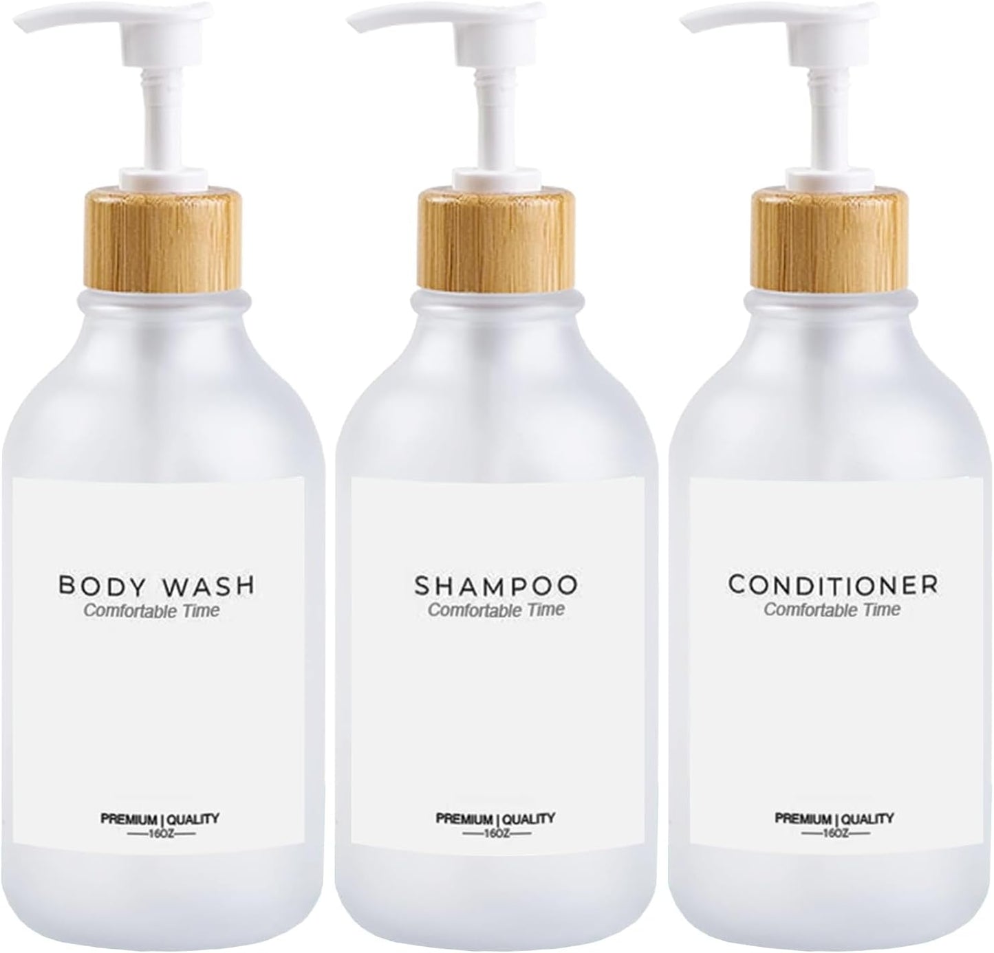 Frosted Heavy Duty Shampoo and Conditioner Bottles, Apothecary Dispenser Bamboo Pump, Refillable Shampoo Bottles for Shampoo Lotion Oil Shower Soap Hand Soap and Dish Soap (Matte Clear)