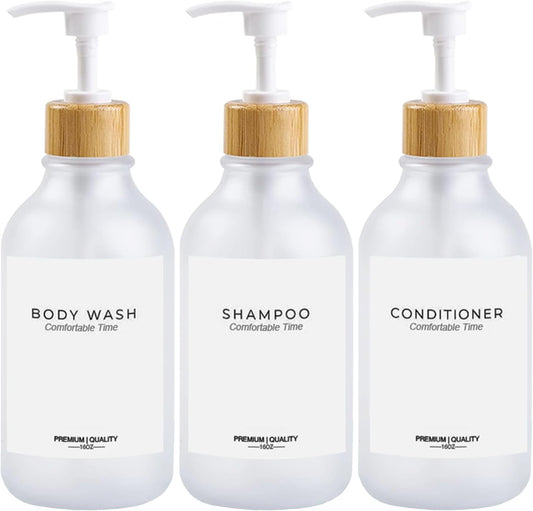 Frosted Heavy Duty Shampoo and Conditioner Bottles, Apothecary Dispenser Bamboo Pump, Refillable Shampoo Bottles for Shampoo Lotion Oil Shower Soap Hand Soap and Dish Soap (Matte Clear)