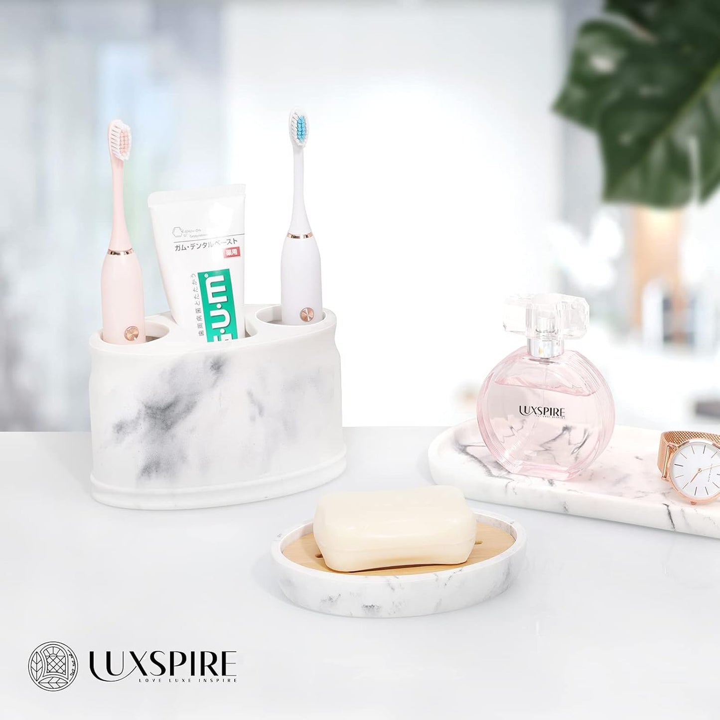 Luxspire Bamboo Soap Dish, Resin Soap Holder with Drainage, Oval Wooden Soap Dish for Shower, Bathroom, Sink, Kitchen and Countertop, Gravel White