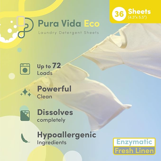 Laundry Detergent Sheets - 36 Sheets (up to 72 Loads) - Fresh Linen Scent - Ideal for Sensitive Skin, Baby Clothes, Travel, & Dorm Living, Eco-Friendly, Plastic-Free Solution