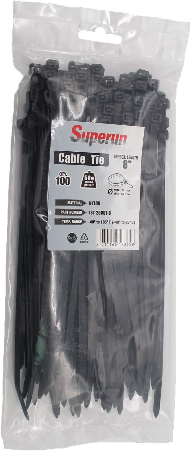 Superun Heavy Duty Zip Ties 8 Inch, 50 Lbs Tensile Strength Selflocking Wire Ties (Industrial Grade Cable Ties) Pack of 100 Black