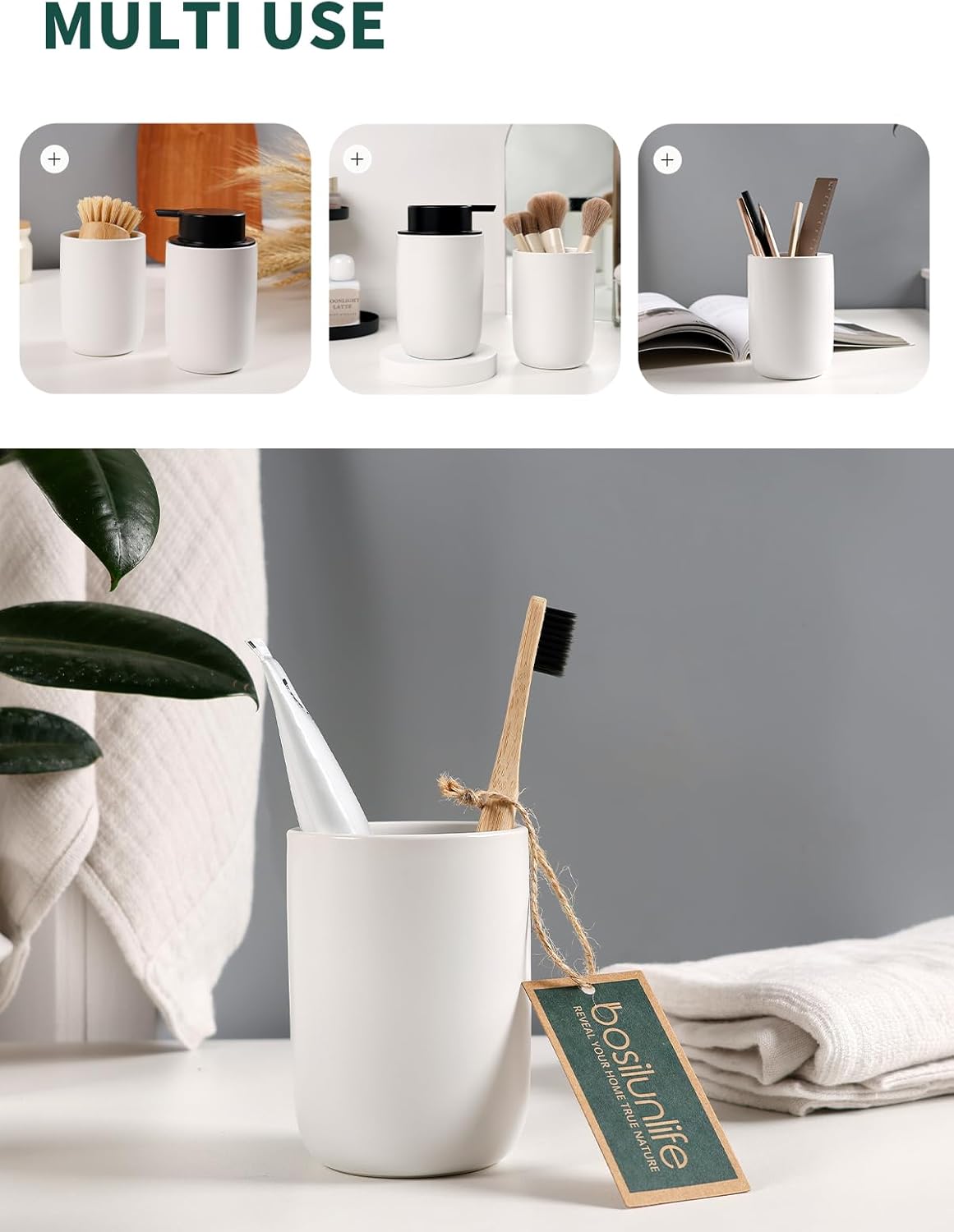 Bosilunlife Soap Dispenser and Toothbrush Holder Set - 11Oz Foam Soap Dispenser Pump Ceramic Bathroom Counter Soap Toothbrush Holder Set White Bathroom Accessories Set